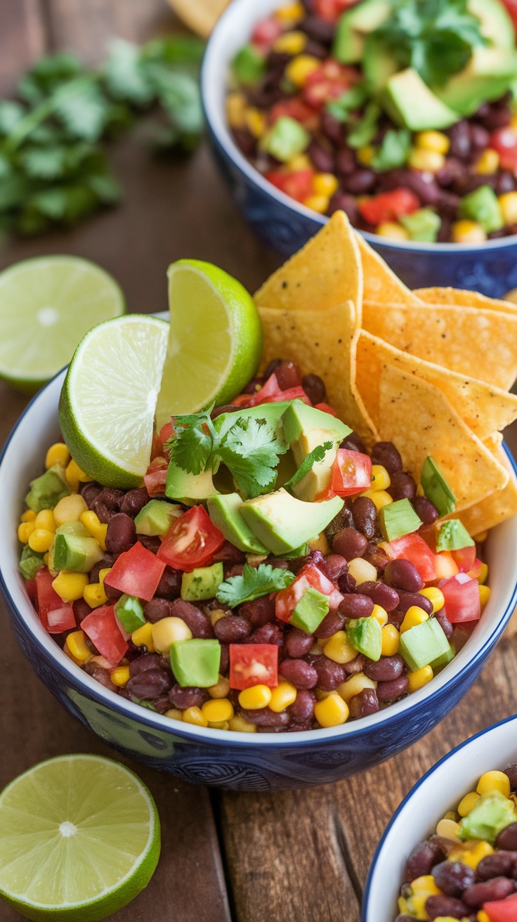 Colorful Cowboy Caviar dip in a bowl with tortilla chips on the side.